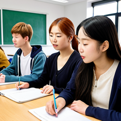 **A diverse group of students in a traditional language course, learning Korean in a bright, modern classroom in the Netherlands. Focus on the interaction between students and the teacher, emphasizing a supportive learning environment.**