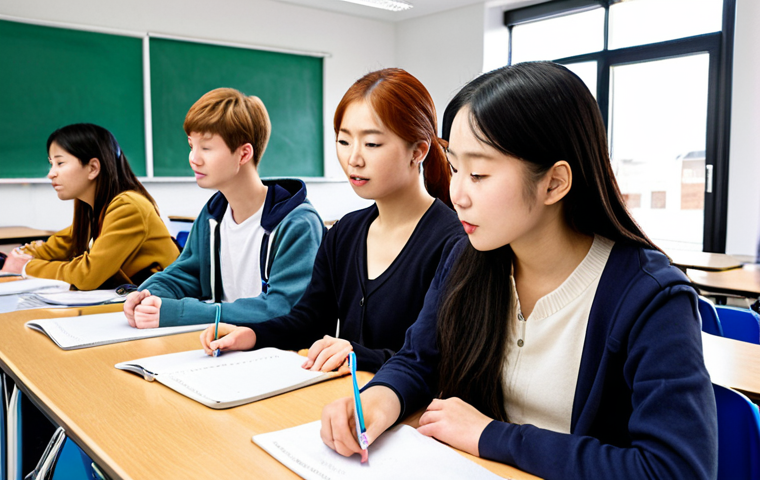 **A diverse group of students in a traditional language course, learning Korean in a bright, modern classroom in the Netherlands. Focus on the interaction between students and the teacher, emphasizing a supportive learning environment.**
